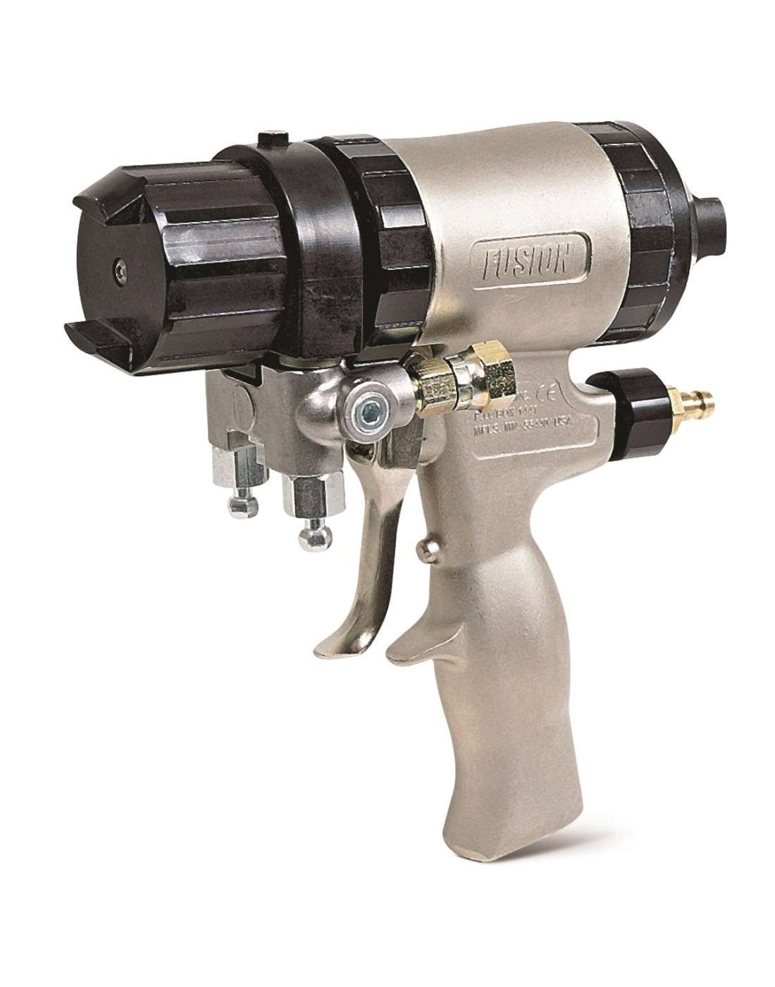 Pistola de purga mecánica Fusion de abanico plano, tamaño de orificio de 0,61 mm (0,024 pulg.) y cámara de mezcla con puerto de 