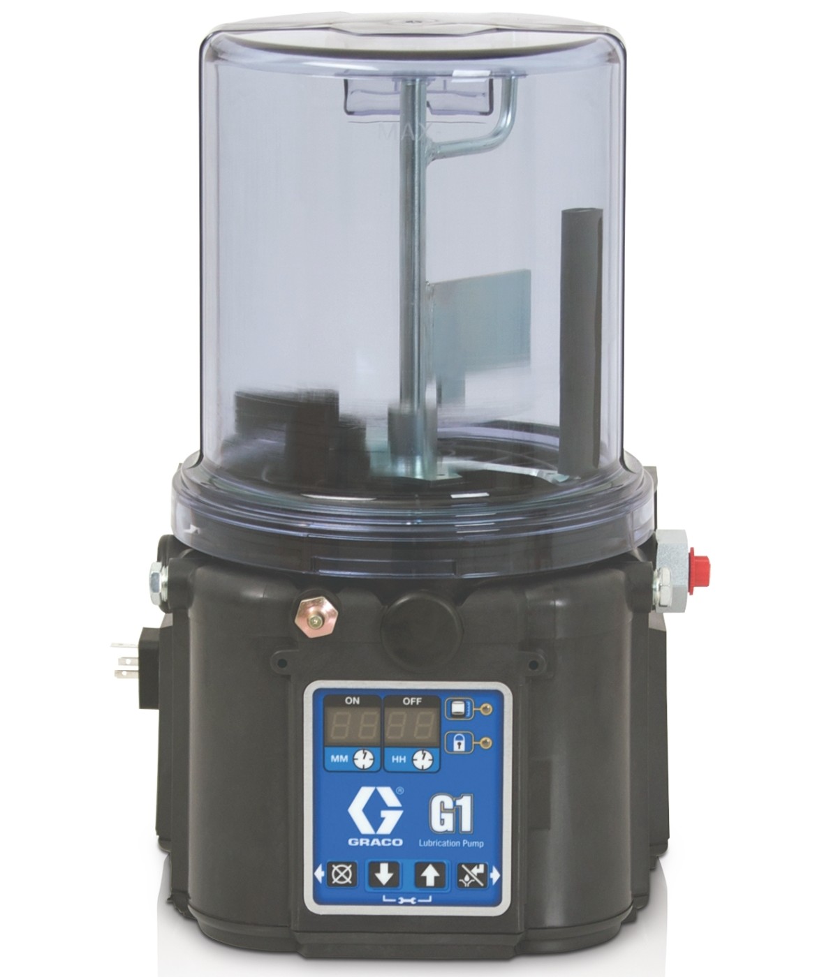 94G027 - BOMBA DE LUBRICACIÓN DE GRASA G1? PLUS, 24 V CC, 2 LITROS, DIN, RASCADOR, NIVEL BAJO